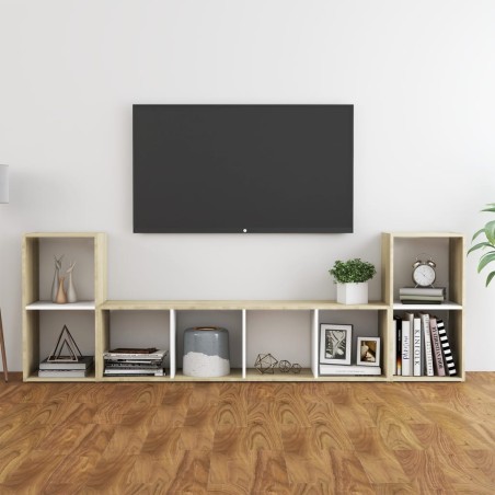 vidaXL Muebles de salón 3 pzas madera ingeniería blanco y roble Sonoma