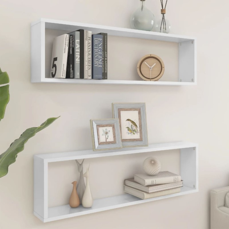 vidaXL Estante cubo pared 2uds contrachapado blanco brillo 100x15x30cm
