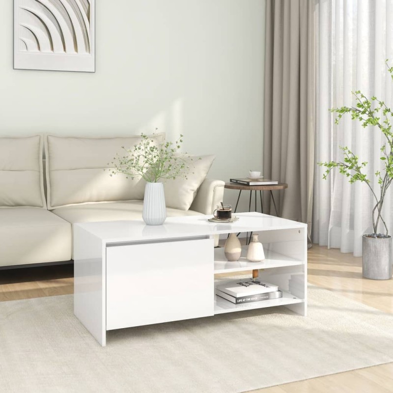 vidaXL Mesa de centro madera contrachapada blanco brillo 102x50x45 cm vidaXL Mesa de centro madera contrachapada blanco brillo 102x50x45 cm