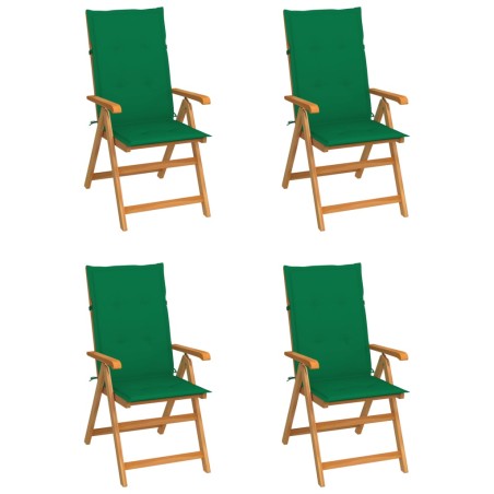 vidaXL Sillas de jardín 4 unidades madera maciza de teca cojines verde