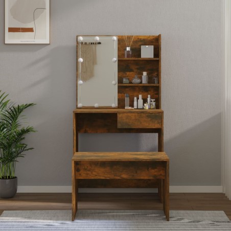 vidaXL Juego de tocador con LED madera contrachapada roble ahumado