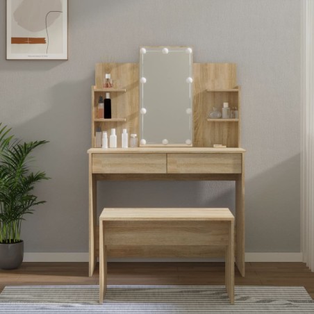 vidaXL Juego de tocador con LED madera contrachapada roble Sonoma