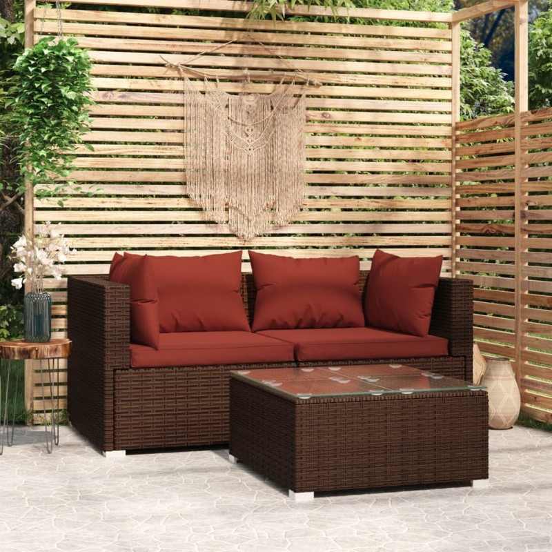 vidaXL Set muebles de jardín 3 piezas y cojines ratán sintético marrón