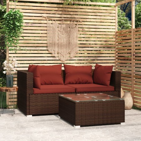 vidaXL Set muebles de jardín 3 piezas y cojines ratán sintético marrón