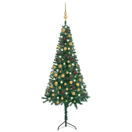 vidaXL Árbol de Navidad artificial de esquina LED y bolas verde 150 cm
