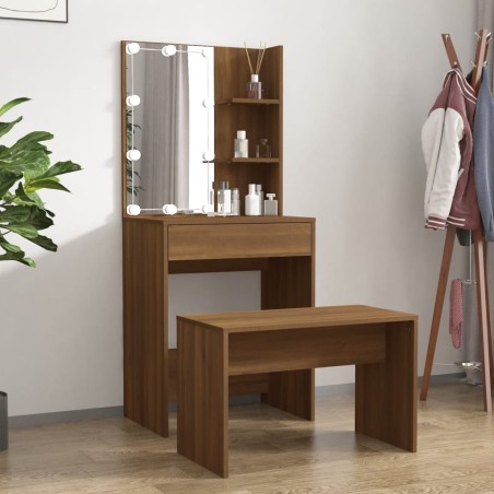 vidaXL Juego de tocador con LED madera contrachapada roble marrón