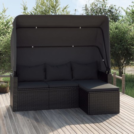 vidaXL Sofá jardin 3 plazas con toldo y taburete ratán sintético negro
