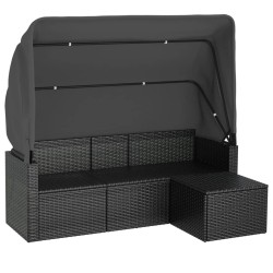 vidaXL Sofá jardin 3 plazas con toldo y taburete ratán sintético negro