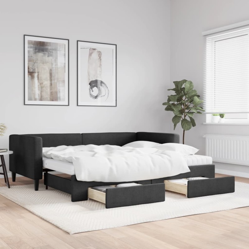 vidaXL Sofá cama nido con cajones tela negro 90x200 cm