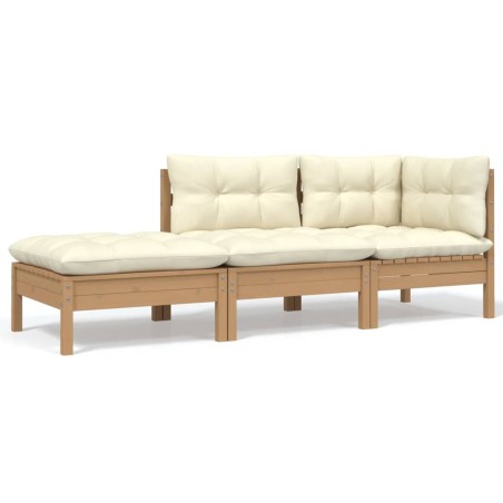 vidaXL Muebles de jardín 3 piezas madera maciza pino con cojines crema