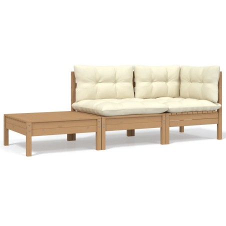 vidaXL Muebles de jardín 3 piezas madera maciza pino con cojines crema