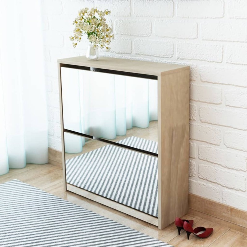 vidaXL Mueble zapatero 2 compartimentos espejo color roble 63x17x67cm vidaXL Mueble zapatero 2 compartimentos espejo color roble 63x17x67cm