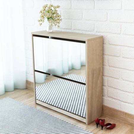 vidaXL Mueble zapatero 2 compartimentos espejo color roble 63x17x67cm