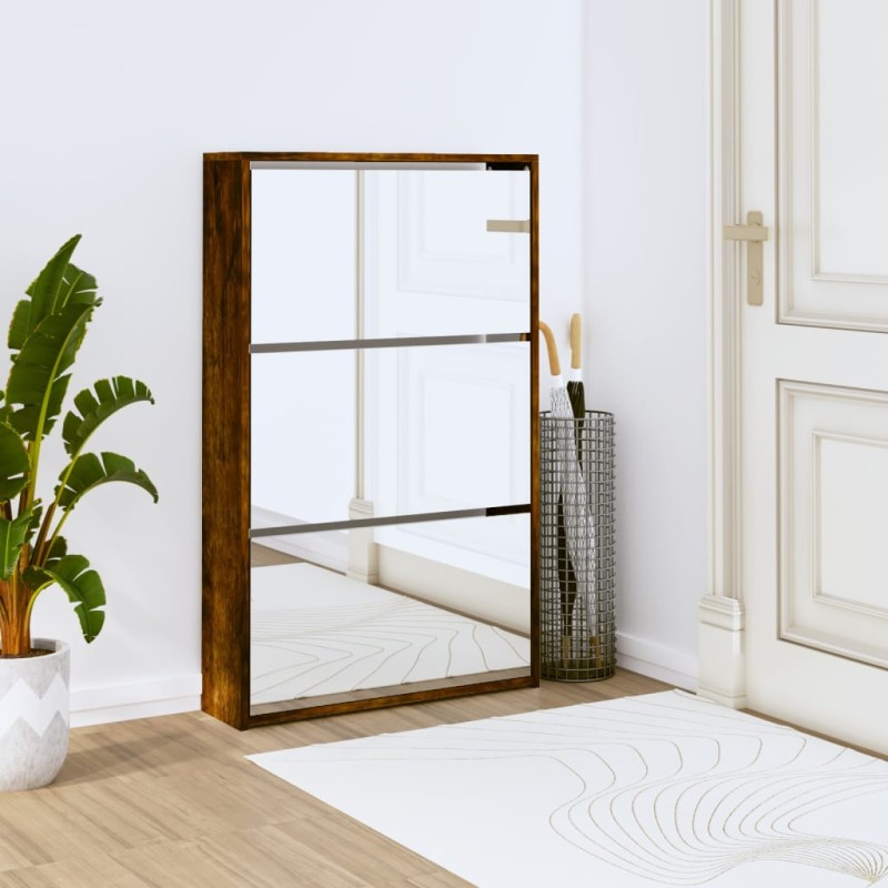 vidaXL Mueble zapatero y espejo 3 niveles roble ahumado 63x17x102,5 cm vidaXL Mueble zapatero y espejo 3 niveles roble ahumado 63x17x102,5 cm