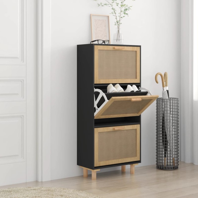 vidaXL Zapatero madera contrachapada negro ratán natural 52x25x115 cm vidaXL Zapatero madera contrachapada negro ratán natural 52x25x115 cm