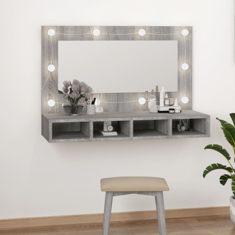 vidaXL Mueble con espejo y LED color gris Sonoma 90x31,5x62 cm vidaXL Mueble con espejo y LED color gris Sonoma 90x31,5x62 cm