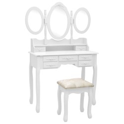 vidaXL Tocador con taburete y espejo triple plegable blanco 