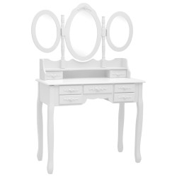 vidaXL Tocador con taburete y espejo triple plegable blanco 