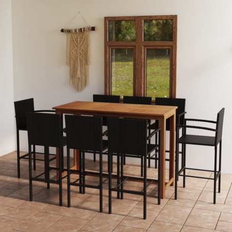 vidaXL Conjunto de bar para jardín 9 piezas negro