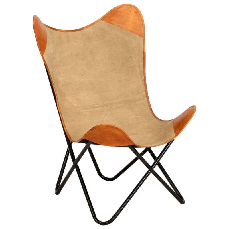 vidaXL Silla Butterfly mariposa de cuero auténtico marrón y lona vidaXL Silla Butterfly mariposa de cuero auténtico marrón y lona