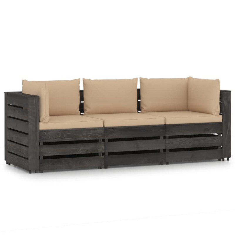 vidaXL Sofá de palets 3 plazas cojines gris madera de pino impregnada vidaXL Sofá de palets 3 plazas cojines gris madera de pino impregnada