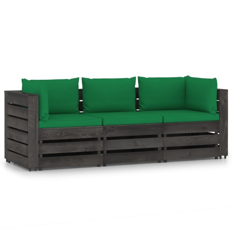 vidaXL Sofá de palets 3 plazas cojines gris madera de pino impregnada vidaXL Sofá de palets 3 plazas cojines gris madera de pino impregnada