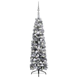 vidaXL Árbol de Navidad delgado con luces, bolas y nieve verde 120 cm