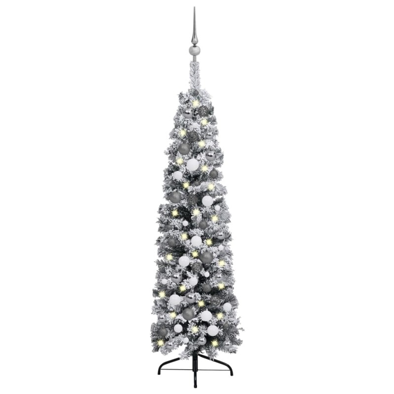 vidaXL Árbol de Navidad delgado con luces, bolas y nieve verde 120 cm vidaXL Árbol de Navidad delgado con luces, bolas y nieve verde 120 cm