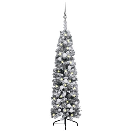 vidaXL Árbol de Navidad delgado con luces, bolas y nieve verde 120 cm