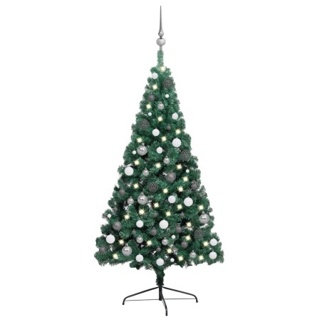 vidaXL Medio árbol de Navidad con luces y bolas verde 240 cm