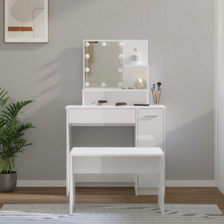 vidaXL Juego de tocador con LED madera contrachapada blanco brillante