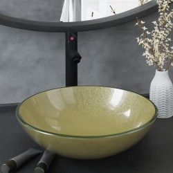 vidaXL Lavabo grifo tapón pulsador cristal templado dorado