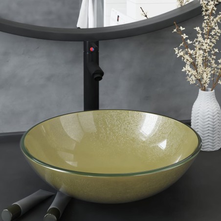 vidaXL Lavabo grifo tapón pulsador cristal templado dorado