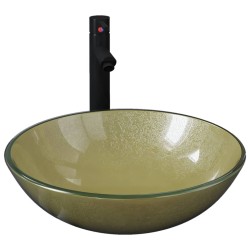 vidaXL Lavabo grifo tapón pulsador cristal templado dorado