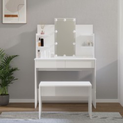 vidaXL Juego de tocador con LED madera contrachapada blanco brillante