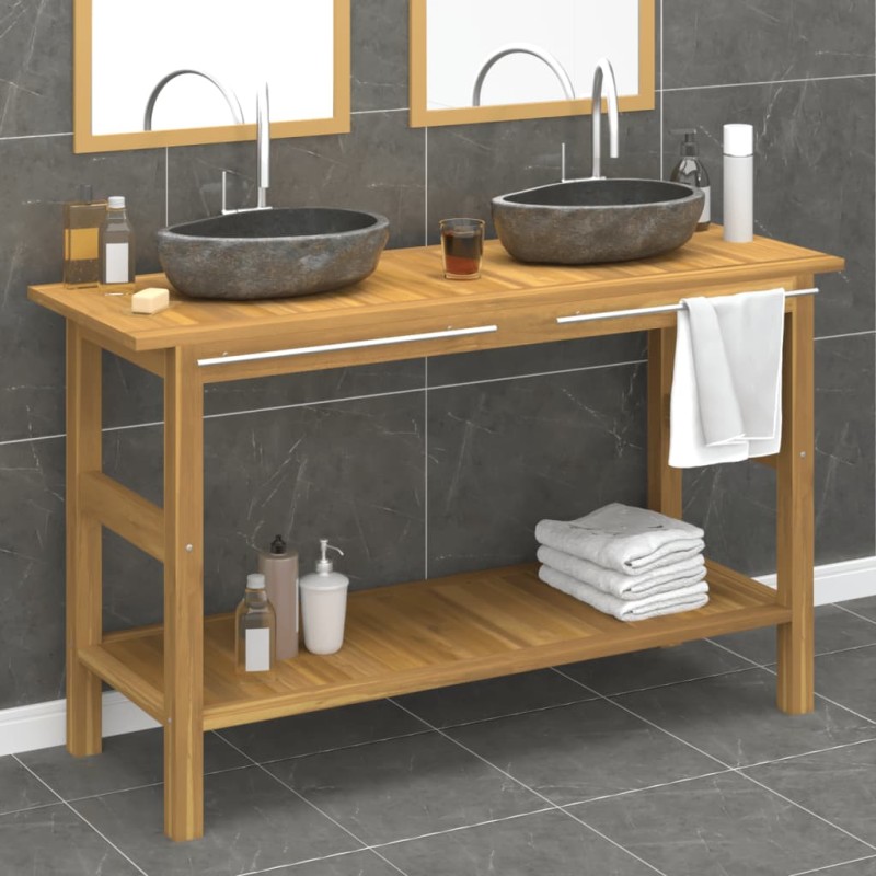 vidaXL Tocador de baño con lavabos piedra de río madera maciza de teca vidaXL Tocador de baño con lavabos piedra de río madera maciza de teca
