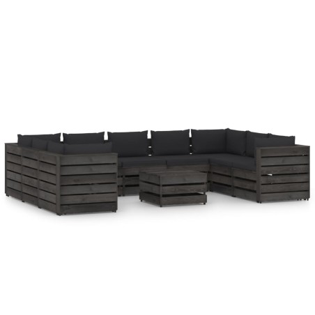 vidaXL Muebles de jardín 10 piezas con cojines madera impregnada gris