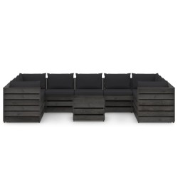 vidaXL Muebles de jardín 10 piezas con cojines madera impregnada gris