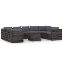 vidaXL Muebles de jardín 10 piezas con cojines madera impregnada gris