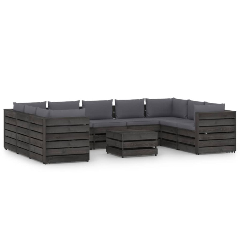 vidaXL Muebles de jardín 10 piezas con cojines madera impregnada gris