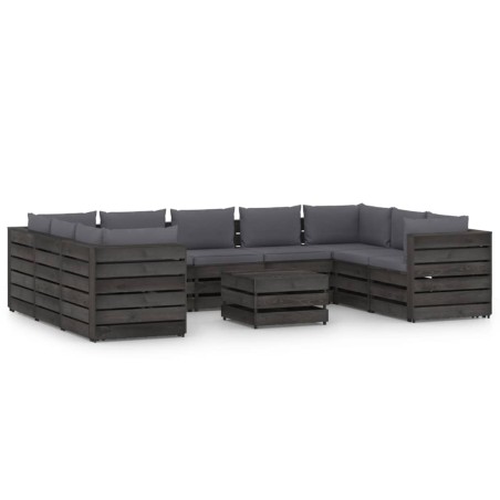 vidaXL Muebles de jardín 10 piezas con cojines madera impregnada gris