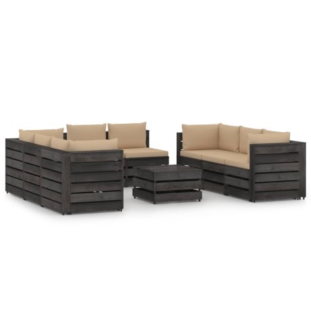 vidaXL Muebles de jardín 9 piezas con cojines madera impregnada gris