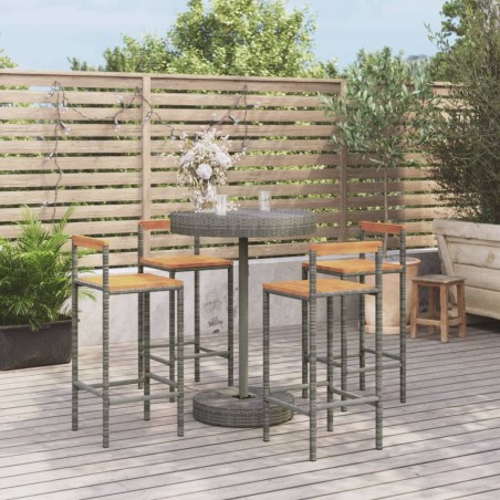vidaXL Mesa bar y taburetes jardín 5 pzas madera acacia ratán PE gris