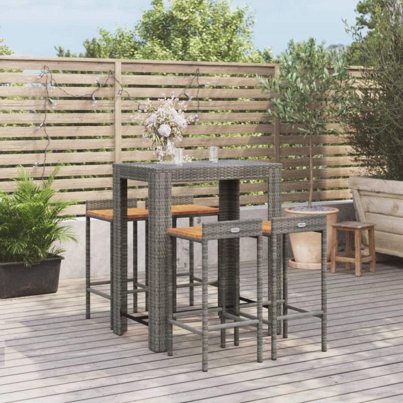 vidaXL Mesa bar y taburetes jardín 5 pzas madera acacia ratán PE gris vidaXL Mesa bar y taburetes jardín 5 pzas madera acacia ratán PE gris