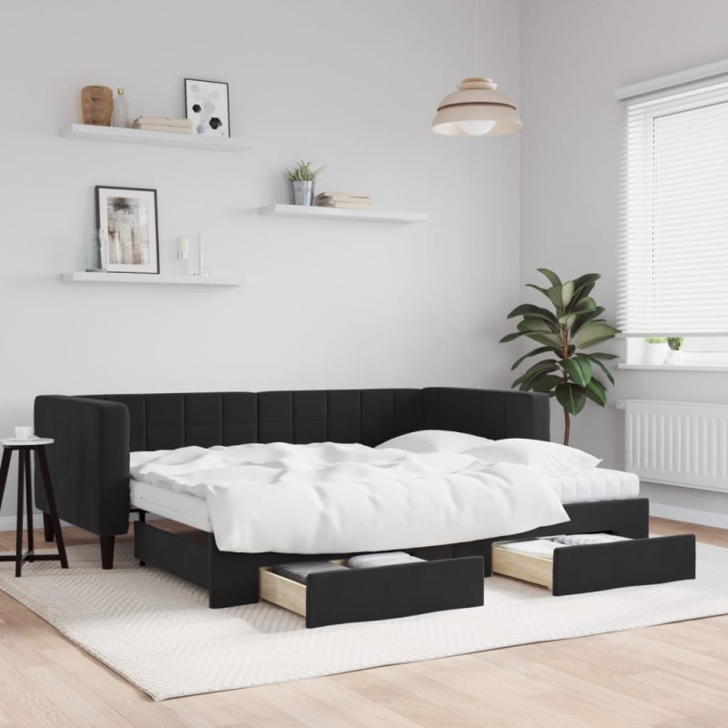vidaXL Sofá cama nido con cajones terciopelo negro 90x200 cm vidaXL Sofá cama nido con cajones terciopelo negro 90x200 cm