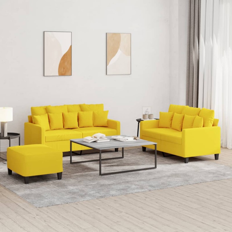 vidaXL Juego de sofás con cojines 3 piezas tela amarillo claro vidaXL Juego de sofás con cojines 3 piezas tela amarillo claro