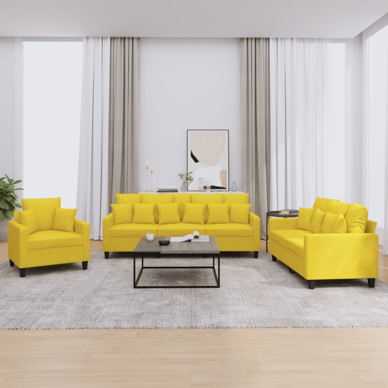 vidaXL Juego de sofás con cojines 3 piezas tela amarillo claro vidaXL Juego de sofás con cojines 3 piezas tela amarillo claro