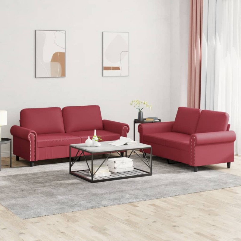 vidaXL Juego de sofás con cojines 2 piezas cuero sintético rojo tinto vidaXL Juego de sofás con cojines 2 piezas cuero sintético rojo tinto