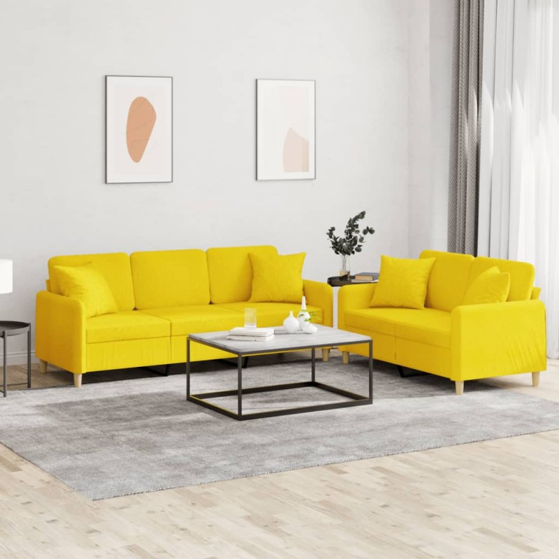 vidaXL Juego de sofás con cojines 2 piezas tela amarillo claro vidaXL Juego de sofás con cojines 2 piezas tela amarillo claro