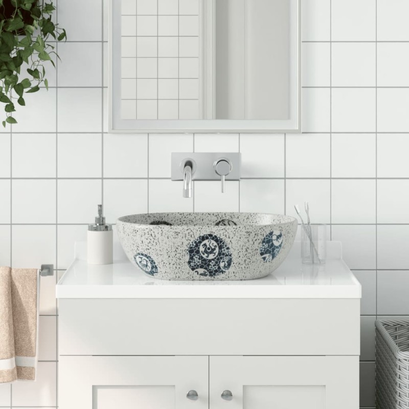 vidaXL Lavabo sobre encimera ovalado cerámica gris y azul 47x33x13 cm vidaXL Lavabo sobre encimera ovalado cerámica gris y azul 47x33x13 cm